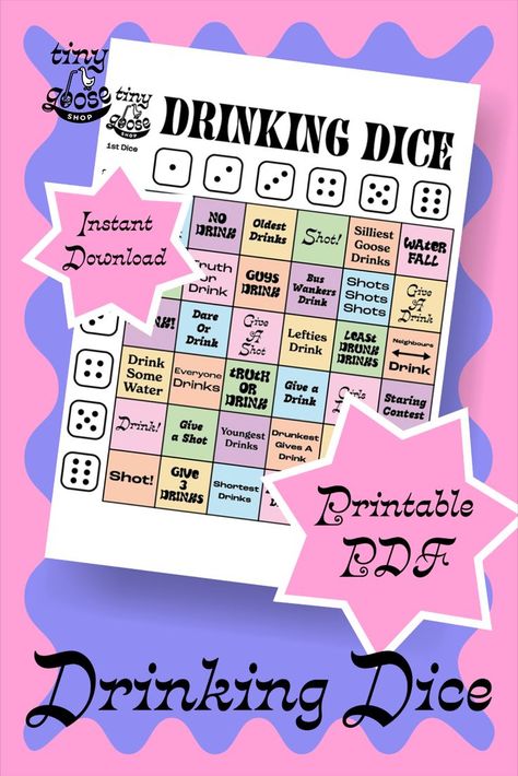 Drinking Dice | Available now on our Etsy store @tinygooseshop Printable drinking game, instant download, A4 and Letter paper sizes Drinking Dice Games, How To Make Dice, Dice Printable, Drinking Games For Couples, Drunk Games, Drinking Board Games, Game For Couples, Couples Game Night, Board Games For Couples