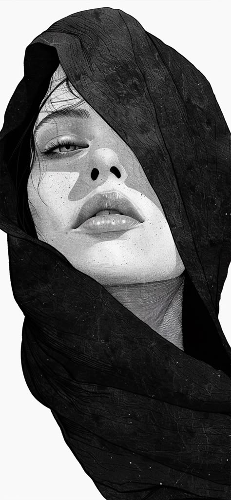 Beautiful girl in a headscarf Black And White Portraits Of Women, How To Draw Art, Figurative Art Painting, Tears Art, Drawing Tutorial Face, Art Photography Portrait, Drawing Eye, Digital Portrait Art, Female Art Painting