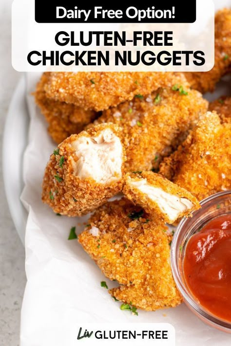 These gluten-free chicken nuggets have that nostalgic childhood taste! They're super easy to prepare and can be cooked by baking, frying, or air frying. They taste great on their own with your favourite sauces, or in a wrap or sandwich. Gluten Free Chicken Sandwich, Best Gluten Free Fried Chicken, Low Sodium Chicken Nuggets, Gluten Free Air Fryer Chicken Nuggets, Gluten Free Chicken Fingers Air Fryer, Gluten Free Breading For Chicken, Homemade Gluten Free Chicken Nuggets, Gluten Free Lunches, Gluten Free Chicken Fingers