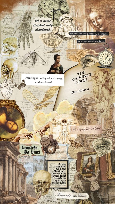 Leonardo Da Vinci #renaissance #brown #aesthetic #darkacademia #DaVinciCode Leo Nardo Da Vinci, Dan Brown Aesthetic, Stand Alone Books, Monalisa Wallpaper, Davinci Code, Aesthetic Wallpaper Collage, History Wallpaper, Astronomy Poster, Scrapbook Ephemera