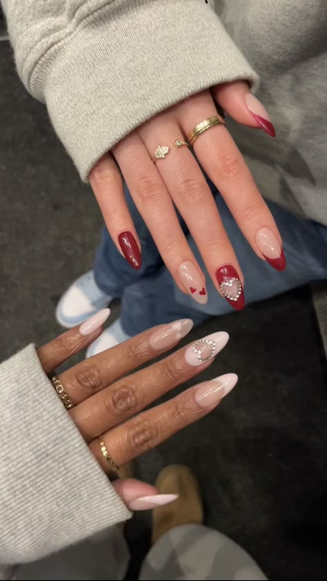 Nails To Match Every Outfit, Renee Rapp Nails, Fuerza Regida Nails, Nails One Hand Different Color, Nails For Besties, Matching Bestie Nails, Light Red Nails, Influencer Nails, Bright Nail Ideas