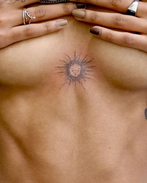 Star Catcher, Single Needle Tattoo, Sun Tattoos, Sternum Tattoo, Sun Tattoo, Sun And Stars, Dope Tattoos, Star Tattoos, Tattoo Placement