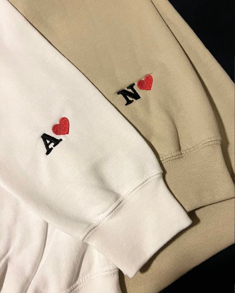 Best gift idea for your love,hand embroidery 🧵 Dm for enquiry All size available Custom Embroidered Initial Heart Sweatshirt, Initial Hoodie Sleeve, Embroidered Sleeve Sweatshirt, Embroidery Personalized Gifts, Sweatshirt Sleeve Embroidery, What To Get My Boyfriend For Christmas, Cute Things To Make Your Boyfriend, Embroidery On Clothes Ideas, Canvas Ideas For Boyfriend