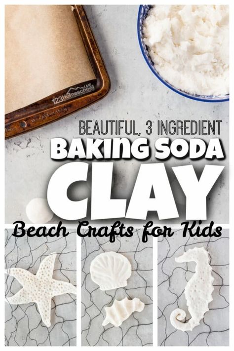 Baking Soda Sea Art, Crafts With Baking Soda, Baking Soda Corn Starch Dough, Flour Craft For Kids, Seaside Activities For Kids, Seashell Projects For Kids, Baking Soda Crafts, Corn Starch Crafts, Baking Soda Art