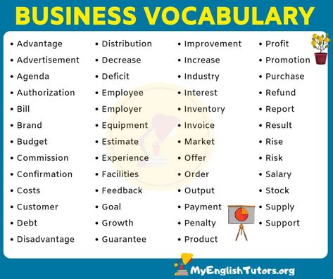 Business Words | List of 50+ Important Words Used in Business - My English Tutors Business Words List, Business Words To Use, Bussines English Words, Business Vocabulary Words, Other Words For Good, Words For Good, Business English Vocabulary, Business Vocabulary, Business Words