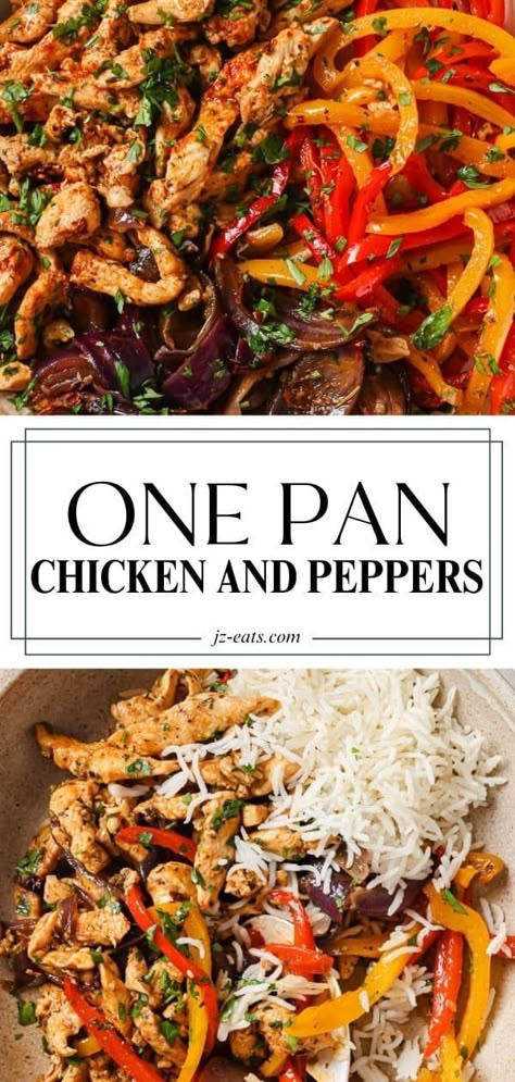 One Pan Chicken and Peppers Chicken Green Bell Pepper Recipes, Bell Peppers Recipes Healthy, Easy Chicken And Bell Pepper Recipes, Chicken Rice And Bell Pepper Recipes, Peppers Dinner Ideas, Meals With Sweet Peppers, Dinner Recipes With Sweet Peppers, One Pan Chicken And Peppers, Sheet Pan Chicken And Peppers And Onions