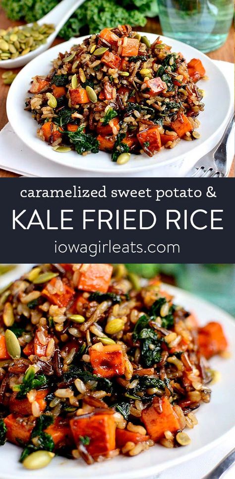 Wild Rice And Sweet Potatoes, Wild Rice Fried Rice, Wild Rice Stir Fry, Wild Rice And Sweet Potato Recipes, Kale Fried Rice, Sweet Potato Fried Rice, Fried Wild Rice, Sweet Potato And Kale Recipes, Stir Fry Sweet Potato