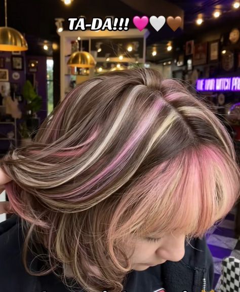 Brown To Pink Balayage, Pink Balayage Hair, Neopolitan Cake, Brown And Pink Hair, Pink Balayage, Skunk Hair, How To Have Style, Hair Streaks, Dyed Hair Inspiration