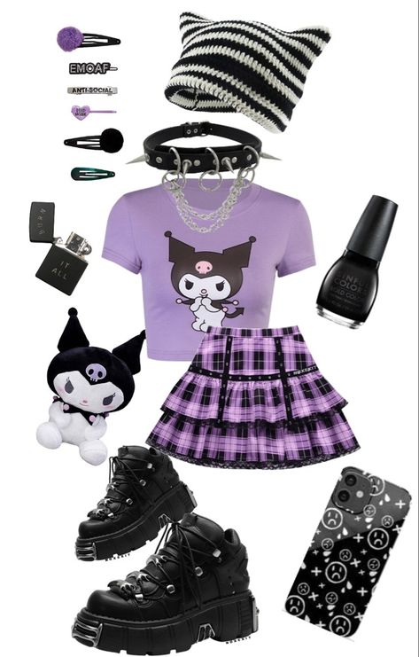 Kuromi In A Dress, Kuromi Outfit Ideas, Kuromi Inspired Outfit, Kuromi Outfit, Kuromi Clothes, Sanrio Outfits, Kawaii Kuromi, Rave Fits, Kitty Clothes