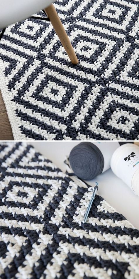 Crochet Three Color Blanket, Crochet Carpet Pattern Free, Crochet Rug Free Pattern, Crochet Carpet Rug, Crochet Carpets, Diy Crochet Rug, Carpet Crochet, Crochet Rug Patterns Free, Modern Haken