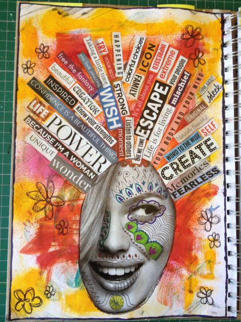 All In Your Head Art, Simple Art Journal Pages, I Am Collage Art Project, Head Full Of Thoughts, Collage Using Magazines, Self Portrait Mixed Media Art Projects, Meaningful Collage Art, Magazine Face Collage, Experiential Art