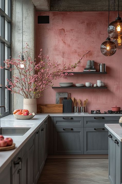 24+ Stunning Pink and Grey Apartment Looks for 2025 Grey Apartment Ideas, Pink And Grey Apartment, Pink And Grey Kitchen, Grey And Pink Living Room, Pink Kitchen Walls, Pink Kitchen Designs, Grey Apartment, Bedroom Color Palette, Pink Accent Walls