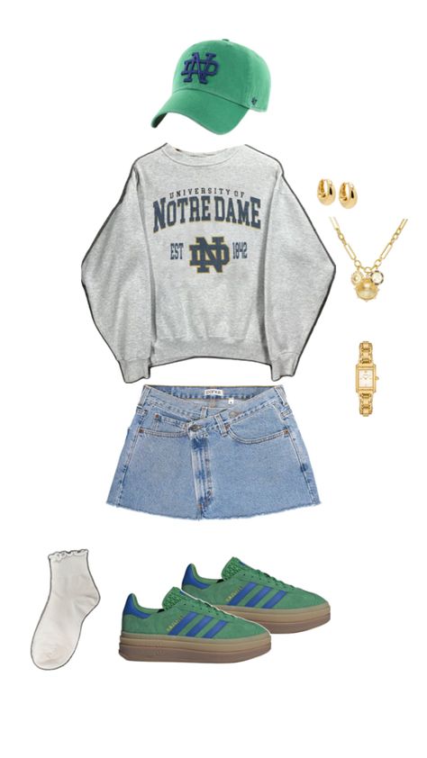 Notre dame gameday outfit college university aesthetic school football tailgate game Irish fighting Irish green blue gold outfit Blue Gold Outfit, Gameday Outfit College, Football Game Outfit Fall, Fall Football Outfit, College Football Game Outfit, College Tailgate Outfit, Rush Week Outfits, Football Tailgate Outfit, Gameday Fits