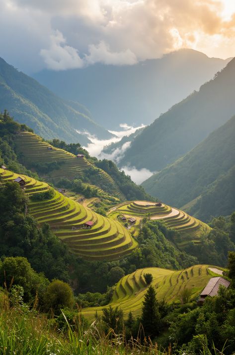 Experience the magic of the Banaue Rice Terraces at sunrise.  These ancient rice paddies, carved into the mountainside, offer a breathtaking view. #Banaue #RiceTerraces Ifugao People, Ancient Philippines, Philippines Nature, Banaue Rice Terraces, Banaue, Wooden Hut, Rice Paddies, Hawaii Wall Art, Rice Terraces