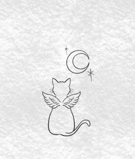 Kitten Tattoo Outline, Cat In A Moon Tattoo, Cat Tattoo Memorial Simple, Cat Tattoo With Wings, Cat With Fairy Wings Tattoo, Tattoo For Lost Cat, Cat In Heaven Tattoo, Cat With Angel Wings Tattoo, Cat Tattoo For Men