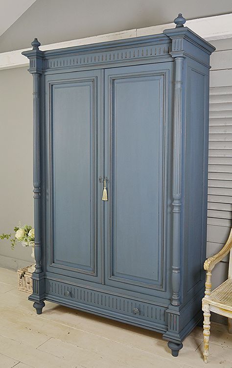 Painted French Armoire, Antique Wardrobe Makeover, Blue Armoire, French Cupboard, Blue Wardrobe, Painted Closet, Armoire Entree, Country Style Living Room, Armoire Makeover