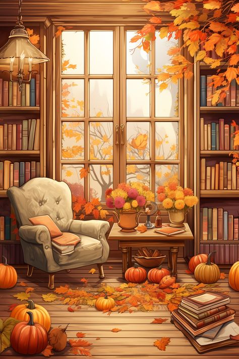 Cosy Artwork, Autumn Library, Library Drawing, Fall Drawings, Collage Book, Enjoy The Process, Autumn Illustration, Fall Background, Diamond Paintings