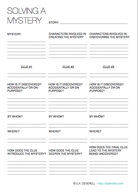 Writing Worksheet – Solving a Mystery (PDF) You can use this worksheet to: Brainstorm solutions to a mystery that your story/character/life has graced you with. Work backwards from clues that interest you to develop a mystery. Draw up an overview of your mystery so that you can be sure that all your clues aren’t discovered… Story Development Worksheet, Highschool Story Ideas, Plot Development Worksheet, Mystery Book Ideas, Mystery Story Prompts, Mystery Drawing, Creative Writing Worksheets, Mystery Writing, Mystery School