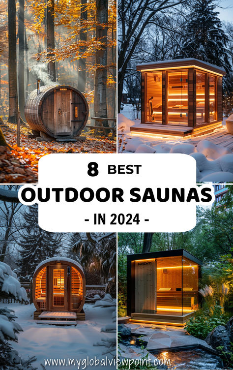 Collage of some of the best outdoor saunas in scenic locations, including snowy forests and lush greenery. Outdoor Sauna Kits Backyard, Backyard With Sauna, Personal Sauna Home, Spa Outdoor Design, Backyard Sauna Ideas Landscaping, Wood Sauna Outdoor, Luxury Sauna Design Interior, Outdoor Home Sauna, Sauna Backyard Ideas