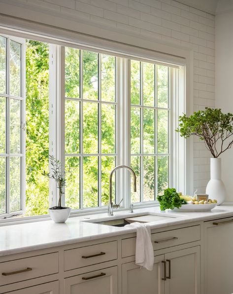 Window Trim Kitchen Sink, French Windows Kitchen, Kitchen Cased Opening, Kitchen Casement Windows Over Sink, Picture Window Above Kitchen Sink, Large Kitchen Sink Window, Kitchen With Windows No Upper Cabinets, Kitchens With Large Windows, Wall Of Windows Kitchen