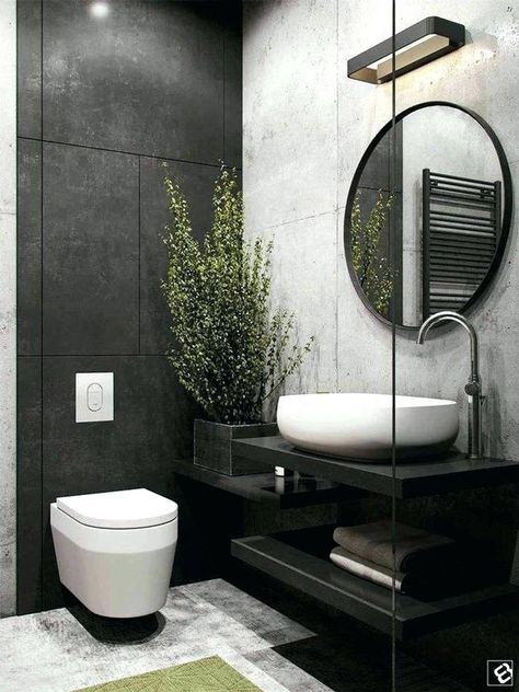 Yellow Modern Bathroom, Guest Bathroom Sink Ideas, Bathroom Guest Ideas, Small Black Powder Room, Black And White Washroom, Guest Toilet Ideas, Concrete Powder Room, Wc Mirror, Black And White Powder Room