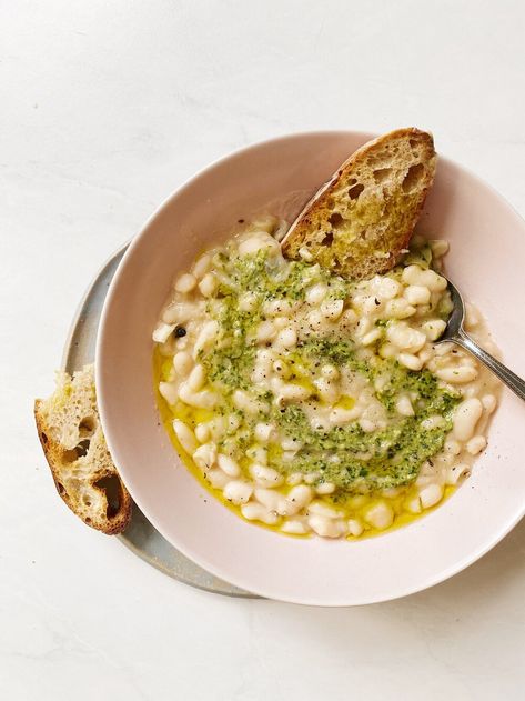 Easy White Bean Soup with Wild Garlic Pesto — Tania Joy Dinner Food Photography, Bean Protocol, Soup Photography, Creamy Beans, Curry Dinner, Wild Garlic Pesto, Garlic Pesto, Broth Chicken, Liquid Lunch