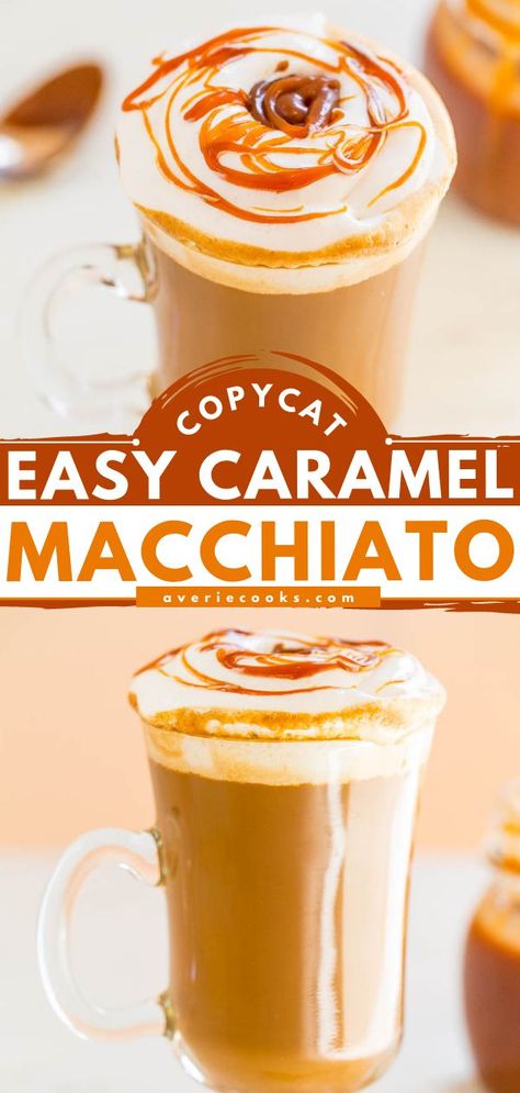 Caramel Macchiato {Copycat Recipe}, fall drinks Starbucks Caramel Macchiato Recipe, Caramel Macchiato Starbucks, Caramel Macchiato Recipe, Best Copycat Recipes, Macchiato Recipe, Iced Coffee Maker, Coffee Recipes Starbucks, Starbucks Caramel, Averie Cooks