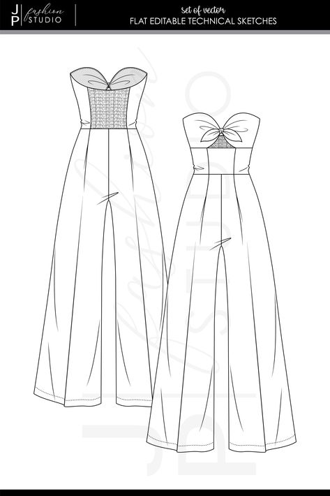 Jumpsuit Outfit Illustration, Cute Fashion Design Sketches, Jumpsuit Sketch Fashion Illustrations, Garment Flat Sketches, Jumpsuit Flat Drawing, Jumpsuit Illustration Sketch, Front And Back Fashion Illustration, Flat Sketches Dress Front And Back, Gown Flat Sketch