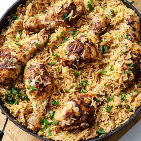 One Pan Chicken Drumsticks and Rice - K's Cuisine Chicken Drumsticks And Rice, Drumsticks And Rice, Baked Drumsticks, Chicken Drums, Baked Chicken Drumsticks, Chicken Leg Quarters, Baked Rice, Chicken Drumstick Recipes, Drumstick Recipes