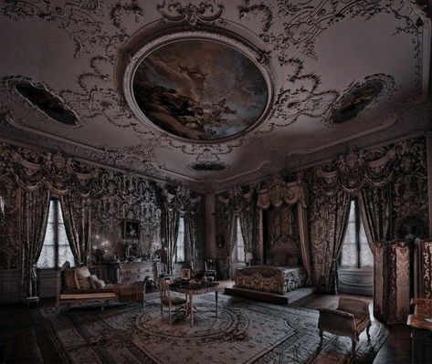 17 Century Aesthetic, Dark Castle Aesthetic Interior, Castle Aesthetic Interior, Dark Royalty Aesthetic, Victorian Castle, Dark Royalty, Royal Bedroom, Castle Bedroom, Luxury Mansions Interior