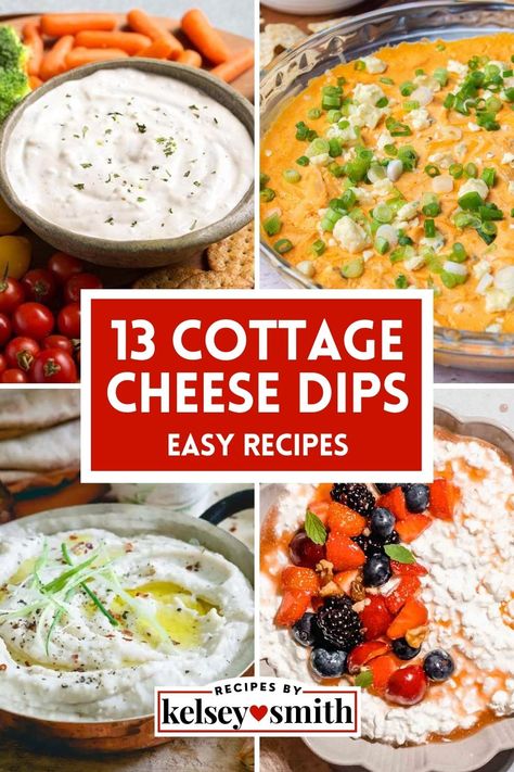 Four cottage cheese dips Cottage Cheese Dip Recipes, Recipes Cottage Cheese, Cottage Cheese Bowls, Cottage Cheese Dip, Cottage Cheese Dessert Recipes, Healthy Dip Recipes, Cottage Cheese Recipes Healthy, Cottage Cheese Dips, Cottage Cheese Desserts