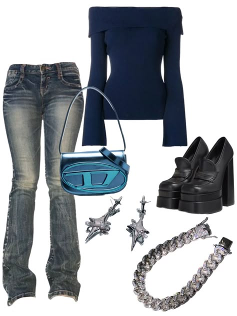 Dark Blue Y2k Outfit, Blue Mcbling Outfit, 2000s Fashion Blue, Winter Night Out Outfits For Women, Y2k Blue Outfit, Y2k Fashion Blue, Yk2 Aesthetic Outfits, Y2k Outfits Blue, Blue Y2k Outfit