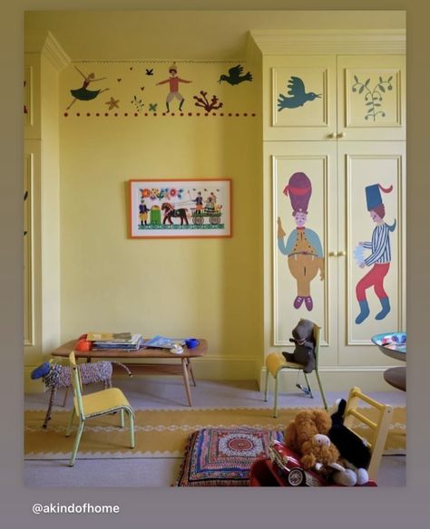 Nursery Aesthetic Colorful, Bright Baby Nursery, Nursery And Toddler Room Shared, Yellow Childrens Bedroom, Colourful Baby Room, Folk Nursery, Baby Room Paint, Kid’s Room, Dayroom Yellow