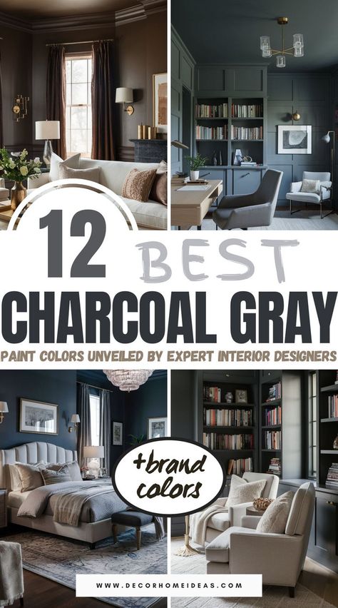 Uncover 12 bold charcoal gray paint colors, revealed by expert interior designers, that add dramatic flair to any space. From Sherwin-Williams to Benjamin Moore, these deep, striking hues create a modern, elegant atmosphere in your home. Which bold shade will transform your space next? Benjamin Moore Charcoal Colors, Charcoal Gray Accent Wall Bedroom, Tavern Charcoal Benjamin Moore, Dark Grey Paint Living Room, Charcoal Grey Room, Moody Interior Paint Colors, Gray Interior Paint Colors, Charcoal Gray Paint Colors, Kendall Charcoal Coordinating Colors