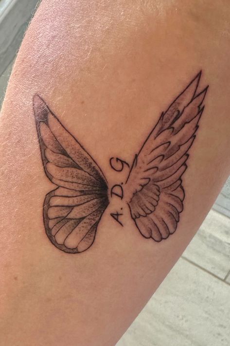 Half Butterfly - Half Angel Wing Small Angel Wing Tattoo, Butterfly Wing Tattoo, Half Butterfly, Butterfly Angel, Small Pretty Tattoos, Angel Wings Tattoo, Wing Tattoo, Memorial Tattoo, Wings Tattoo