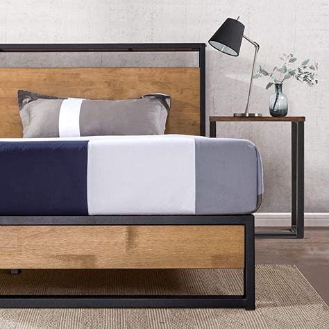 Amazon.com: Zinus Suzanne Metal and Wood Platform Bed with Headboard and Footboard / Box Spring Optional / Wood Slat Support, Queen: Furniture & Decor Metal Wood Bed, Bed Frame With Footboard, Shelf Headboard, Headboard Shelf, Industrial Bed Frame, Room Inspiration Aesthetic, Industrial Bed, Platform Bed Frame With Headboard, Headboard With Shelves