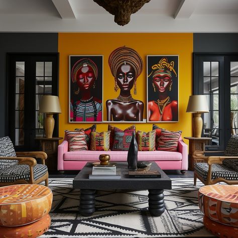 Bold, vibrant, and unapologetically expressive—this living room is a celebration of culture and color. The striking mustard yellow accent wall serves as the perfect backdrop for the powerful portraits, while the pink sofa adds a playful yet sophisticated touch. Rich patterns in the pillows and seating bring in layers of texture, creating a dynamic interplay between modern design and traditional artistry. The space feels alive with energy, each piece thoughtfully chosen to tell a story of heri... Yellow Eclectic Living Room, Mustard Yellow Accent Wall, Mustard Sofa Living Room, Yellow Accent Wall, Mustard Living Rooms, Mustard Sofa, Powerful Portraits, Yellow Accent Walls, Burgundy Living Room