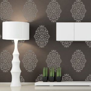 wall stencil Simple Wall Stencil, Damask Wallpaper Living Room, Damask Wall Stencils, Damask Wall, Wall Stencil Patterns, Damask Stencil, Stencil Fabric, Stencil Furniture, Wall Stencil