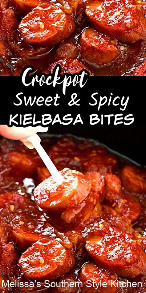 Sweet And Spicy Kielbasa, Sausage Crockpot Recipes, Kielbasa Bites, Sausage Crockpot, Smoked Sausage Recipes, Crockpot Appetizers, Kielbasa Recipes, Bowl Party Food, Appetizers Easy Finger Food