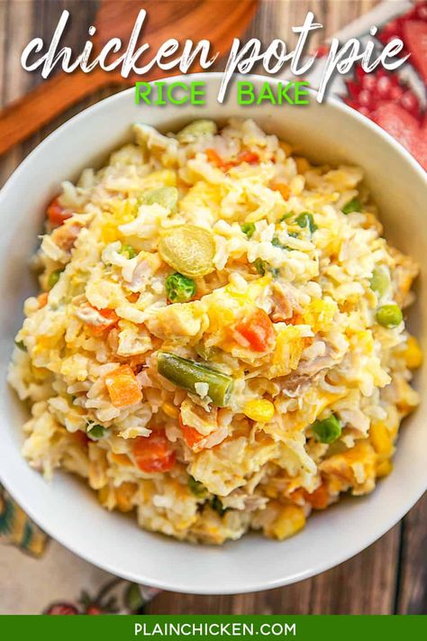 Chicken Pot Pie Rice Bake - chicken, mixed vegetables, cheddar, cream of chicken, sour cream and rice. Ready in 30 minutes! A whole meal in one pan. No need for extra sides!! We love to serve this with some buttermilk biscuits to complete the meal. Everyone loves this easy casserole dish! #casserole #rotisseriechicken #freezermeal #chicken Chicken Mixed Vegetables, Veggie Casserole Recipes, Mixed Vegetable Casserole, Chicken Sour Cream, 2025 Recipes, Easy Casserole Dishes, Cherry Crisp, Vegetable Casserole Recipes, Rice Bake