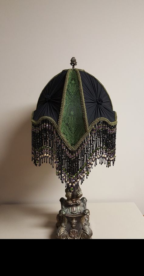 Hand crafted custom order Victorian style lampshade with Indian silk, chiffon pleating and 358 strands of hand strung beaded fringe. Goth Lampshade Diy, Whimsigothic Furniture, Fringe Lampshade Vintage, Victorian Style Lampshade, Vintage Lampshades Diy, Indian Lampshade, Diy Victorian Lampshades, Fringed Lampshade, Victorian Lamp Shades