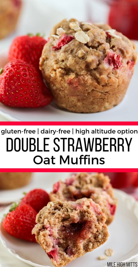 Strawberry Oat Muffins, Gluten Free Strawberry Muffins, Strawberry Oatmeal Muffins, Gluten Free Dairy Free Muffins, Diced Strawberries, Gluten Free Bagels, Healthy Breakfast Muffins, Strawberry Oatmeal, Muffins Healthy