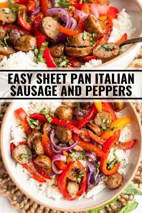 Sausage, peppers, and onion cook together in the oven in this quick Italian sausage and peppers recipe! Serve over rice, pasta, or roasted potatoes. You can also use this entree in hoagie rolls. Protein Easy Meals, Italian Sausage In Oven, High Protein Easy Meals, Sheet Pan Italian Sausage, Sheet Pan Sausage And Peppers, Roasted Onions And Peppers, Sausage Potatoes And Peppers, Xmas Dinner Recipes, Game Appetizers