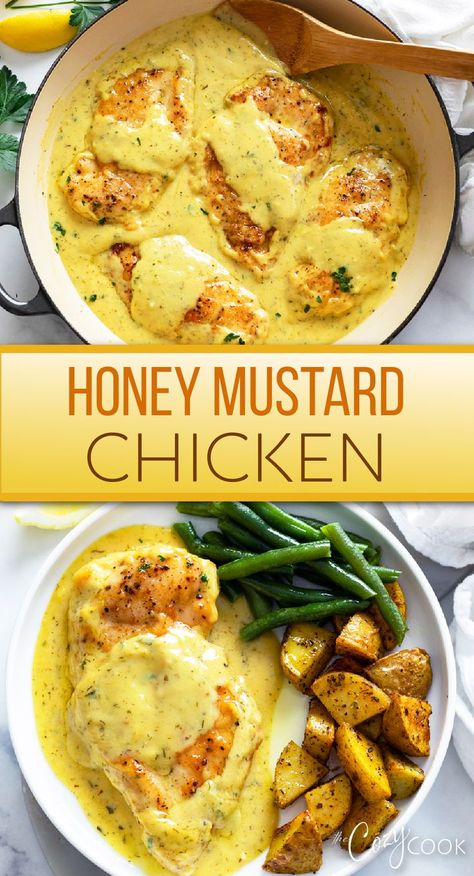 honey mustard chicken topped with a delicious honey mustard sauce and served with a side of potatoes and green beans Recipes With Yellow Mustard, Yellow Mustard Chicken Recipes, Easy Dinners Kids Love, Easy Honey Mustard Chicken, Dinner Recipe With Chicken, Recipe With Chicken Breast, Kid Friendly Chicken Recipes, Green Beans Roasted, Rice Green Beans