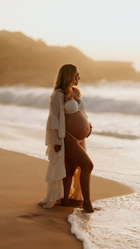 Maternity session at sunrise, 40 weeks due. Swim Maternity Photos, Maternity Photo Beach Ideas, Maternity Photo Shoot Ideas At The Beach, Maternity Photoshoot On Beach, Babymoon Beach Photos, Maternity Sunrise Photoshoot, Beach Sunset Maternity Photoshoot, Maternity Boudiour Beach, Drone Maternity Photos