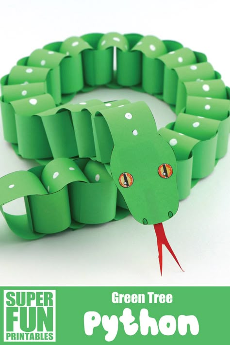 Make a paper chain snake that looks like a Green Tree python using our printable template. This is a simple paper craft idea with a realistic twist! There is also a Jungle Carpet python and a design-your-own paper snake template to make #snake #papersnake #snakecraft #paperchain #paperchainsnake #python #greentreepython #animalcrafts #kidsactivities #printables #superfunprintables #thecrafttrain Paper Snake, Reptile Crafts, Rainforest Crafts, Snake Craft, Snake Crafts, Snake Party, Deco Jungle, Boa Constrictor, Vbs 2024