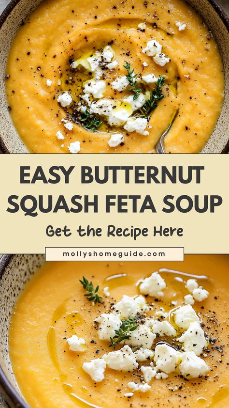 Indulge in the creamy goodness of butternut squash feta soup with this easy recipe. The sweetness of butternut squash perfectly complements the tanginess of feta cheese, creating a flavorful and comforting dish for any occasion. Whether you're looking to warm up on a chilly day or impress your guests with a delicious appetizer, this soup is sure to satisfy your cravings. Try making it at home and enjoy the rich flavors that will leave you wanting more. Butternut Squash Easy Recipe, Butternut Squash Feta, Feta Soup, Butternut Recipes, Buttercup Squash, Easy Butternut Squash, Yellow Squash Recipes, Soup Lovers, Butternut Soup