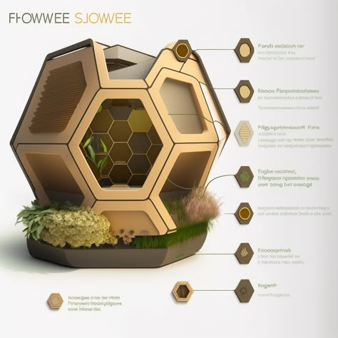 the EcoHive system would provide a sustainable and efficient solution for modern living while addressing some of the pressing challenges facing humanity in the future, such as climate change and resource depletion. Beehive Architecture Concept, Bee Architecture Concept, Beehive Architecture, Honeycomb Building, Hive Illustration, Tree House Village, Food Forest Garden, Life Drawing Reference, Cars Brand