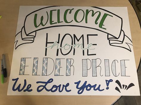 Fun creative welcome home sign! (All “free-hand”)😁 Mission Welcome Home Signs, Welcome Back Home Sign Airport, Welcome Home Elder Posters, Welcome Signs For Exchange Students, Welcome Back Sign Ideas, Welcome Home Signs Diy Poster Airport, Welcome Home Missionary Posters, Missionary Posters Welcome Home, Welcome Home Signs For Missionaries