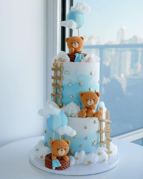 Gateau Baby Shower Garcon, Torturi Baby Shower, Teddy Bear Birthday Cake, Teddy Cakes, Baby Shower Cake Designs, 1st Bday Cake, Cake Designs For Kids, Boys 1st Birthday Cake, Baby Boy Birthday Cake